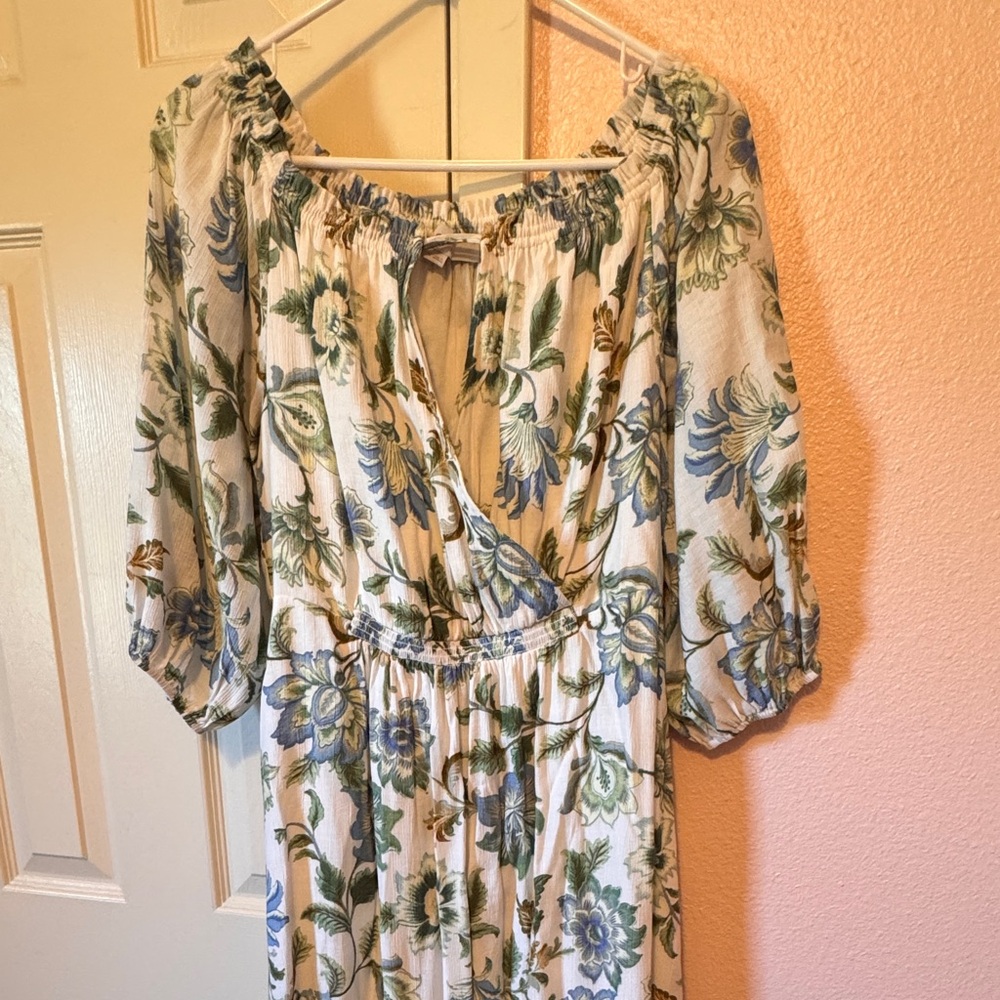LOFT Cream Maxi Dress with Blue and Green Floral Print
